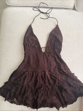Deep Brown Lace Halter Mini Dress with built in shorts
